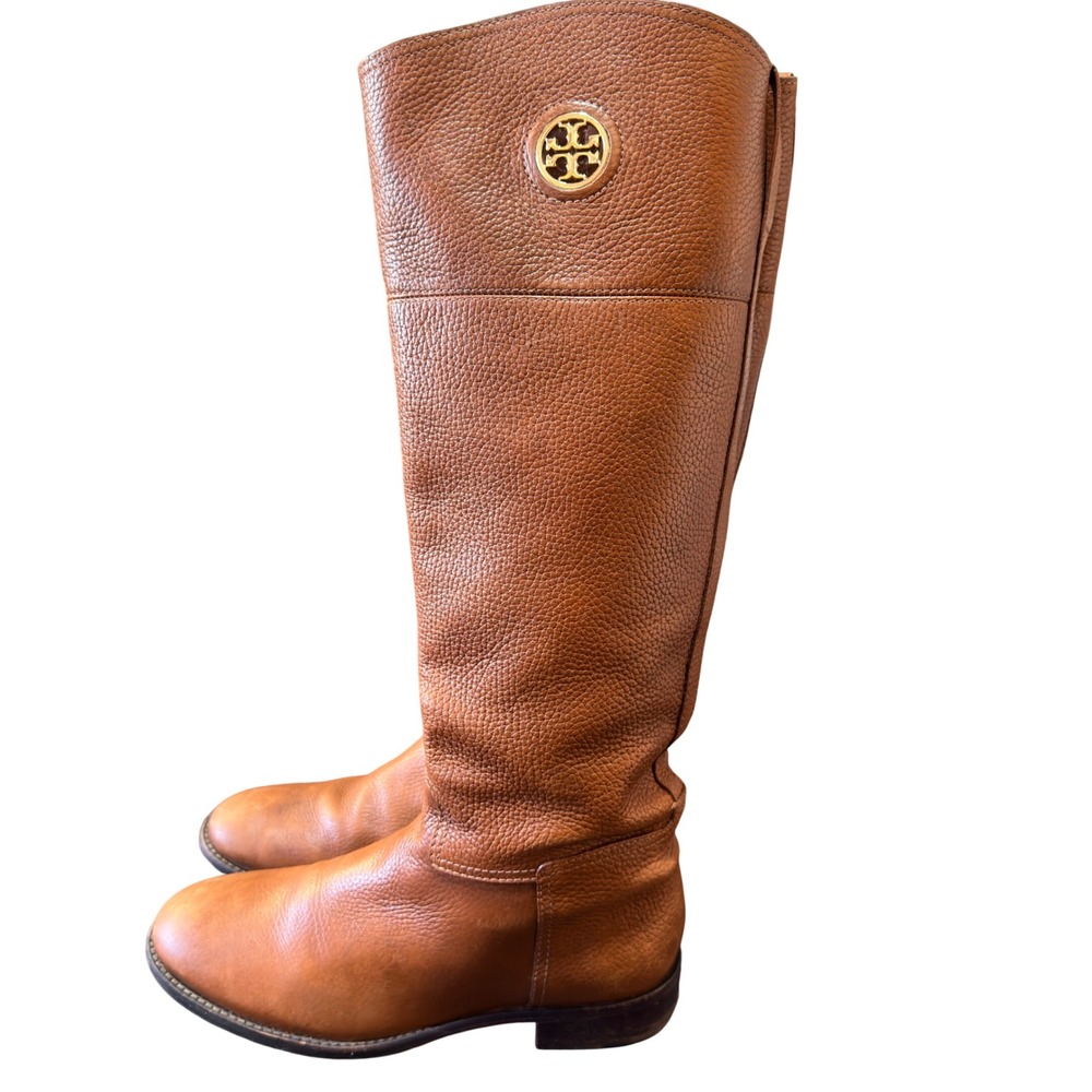 Tory Burch Riding Boots Womens 7.5 Brown Pebbled Leather Tall Equestrian Logo